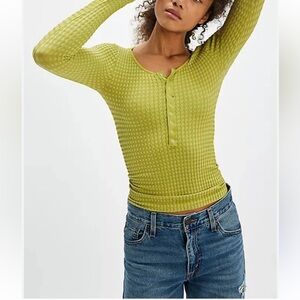 Free People Pam Oasis Molly Seamless Long Sleeve Henley Palm Green Size XS